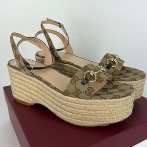 Gucci 42 Natural Espadrille Braided Jute Horsebit Logo Monogram Sandals E954
